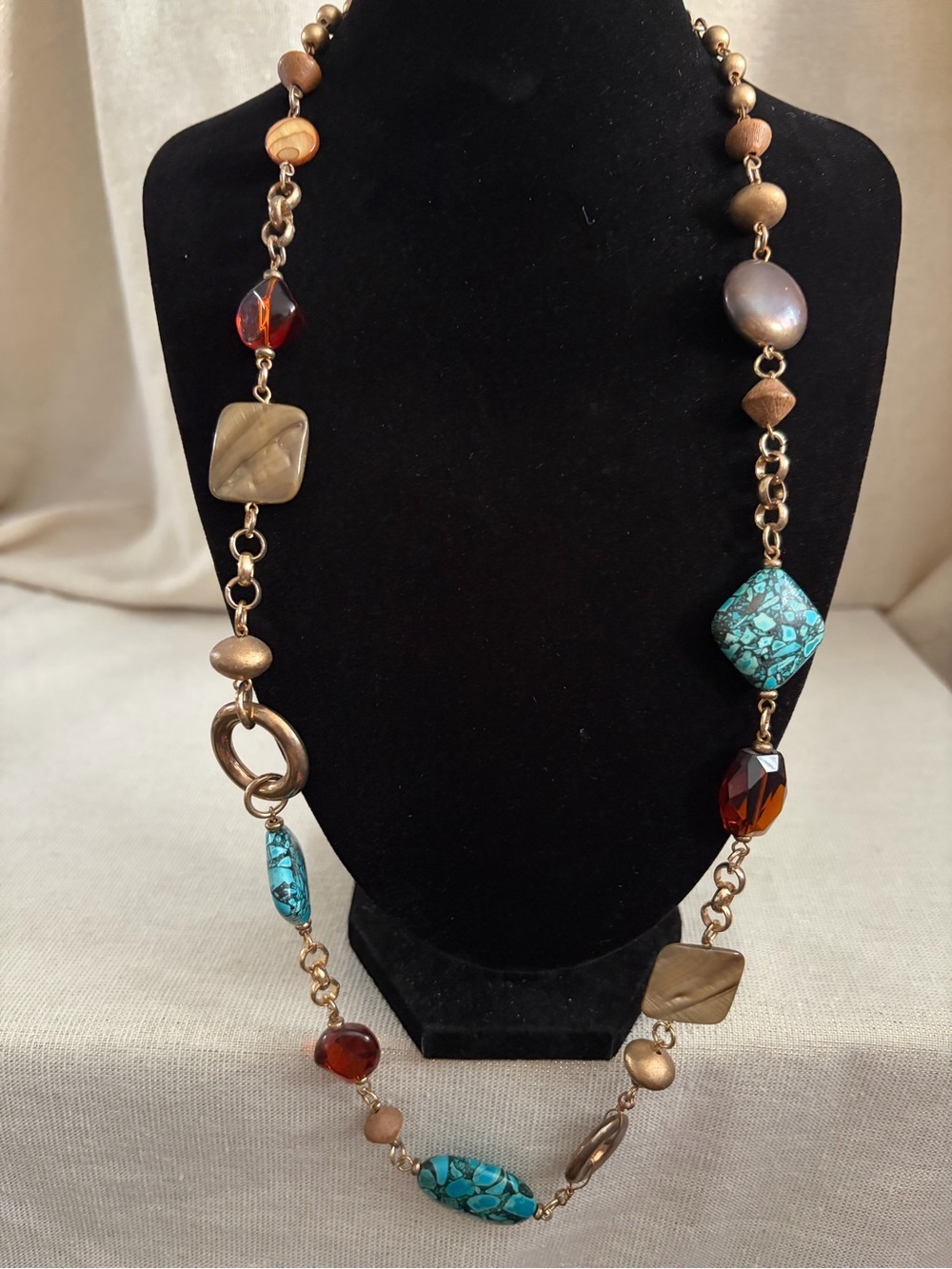 Long Mixed Bead Necklace with Turquoise & Amber Accents - Women Jewelry